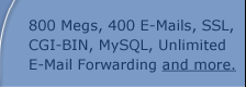 800 Megs, 400 E-Mails, SSL, CGI-BIN, MySQL, Unlimited E-Mail Forwarding and more