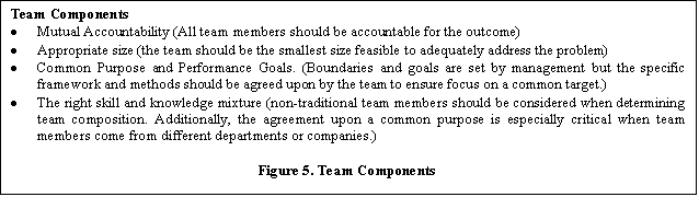Text Box: Team Components·Mutual Accountability (All team members should be accountable for the outcome)·Appropriate size (the team should be the smallest size feasible to adequately address the problem)·Common Purpose and Performance Goals. (Boundaries and goals are set by management but the specific framework and methods should be agreed upon by the team to ensure focus on a common target.)·The right skill and knowledge mixture (non-traditional team members should be considered when determining team composition. Additionally, the agreement upon a common purpose is especially critical when team members come from different departments or companies.)Figure 5. Team Components
